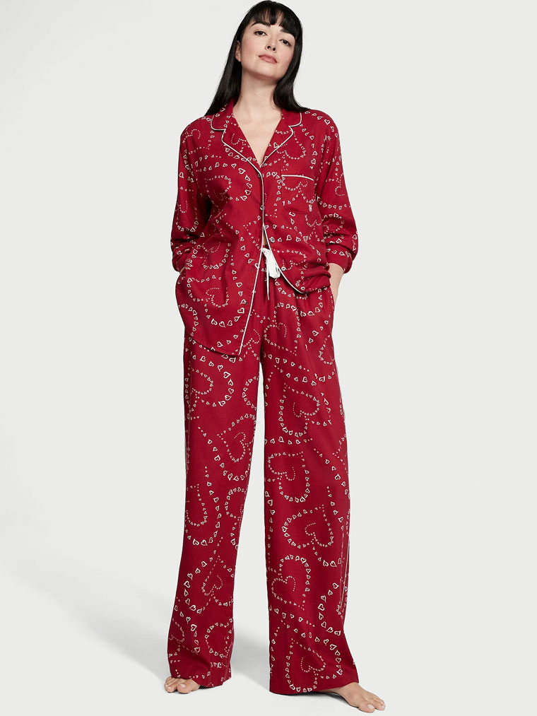 ПІЖАМА VICTORIA'S SECRET Flannel Long Pajama Set червона з серцями розмір S short