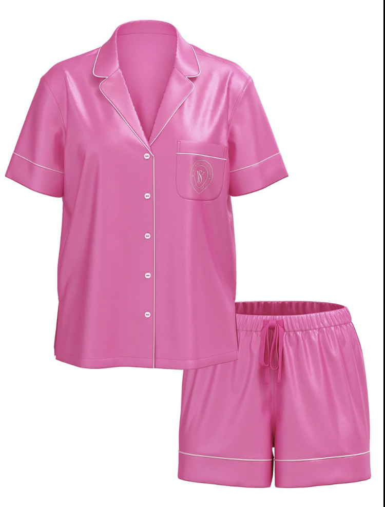 Піжама рожева сатинова з шортами Victoria’s Secret Glazed Satin Long Pajama Set Victoria’s Secret Size XL