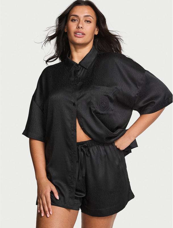 Сатинова чорна піжама Victoria’s Secret Signature Satin Oversized Short Pajama Size S