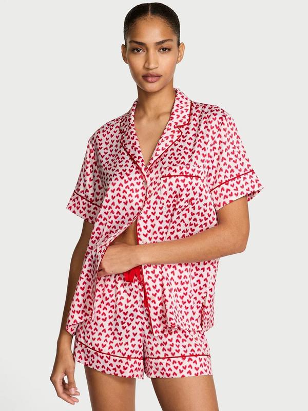 Сатинова біла піжама з червоними сердечками Satin Short PJ Set White Scattered Hearts Size S