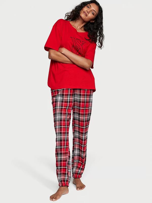 ПІЖАМА VICTORIA'S SECRET Flannel Jogger Tee-Jama Set червона футболка і штани клітка розмір Xs regular