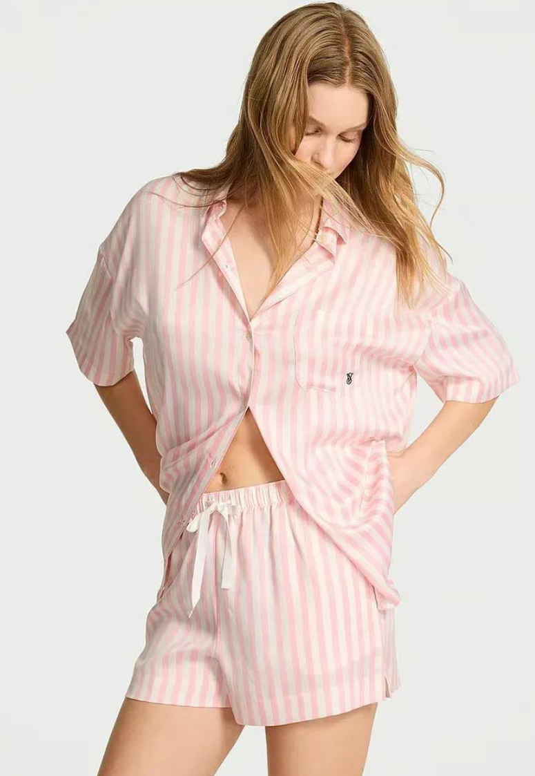 Сатинова піжама в полоску Glazed Satin Oversized Short Pajama Set Pretty Blossom Stripe Size XS