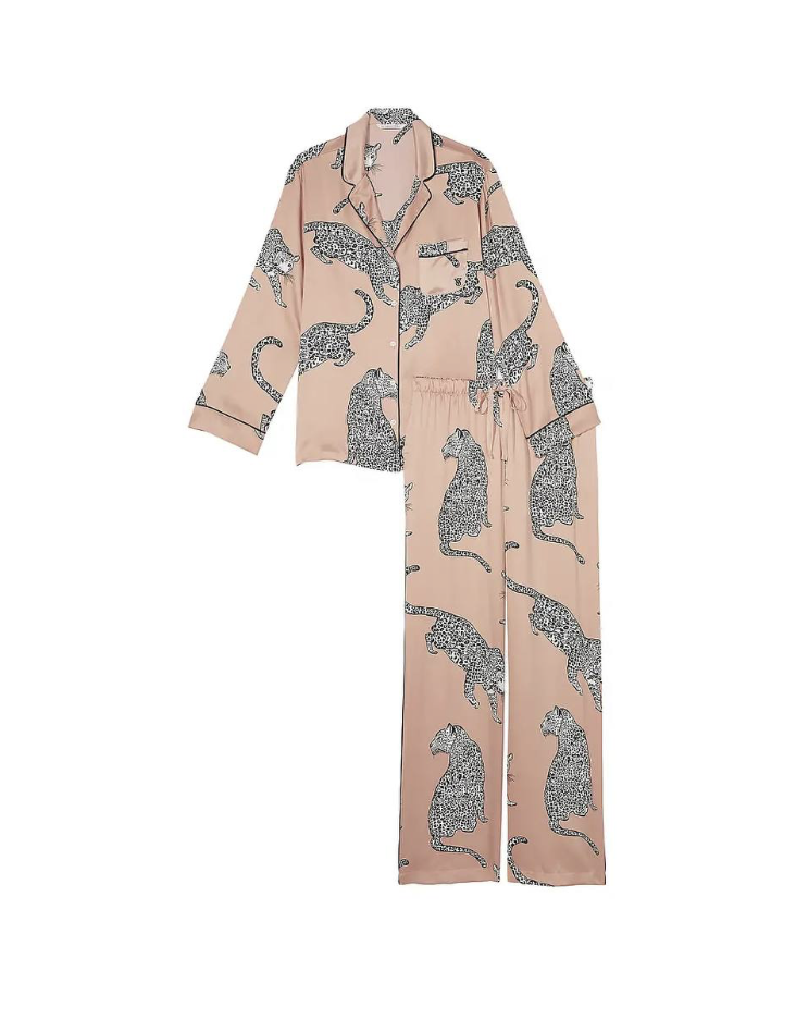 Піжама сатинова з леопардами Victoria's Secret Satin Long Pajama Set Evening Blush Leopards Size XS Regular
