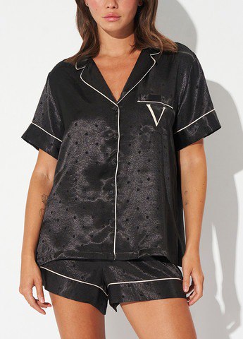 Сатинова піжама коротка чорна Victoria's Secret black dot black short pajama M