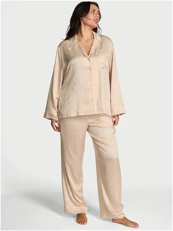 Сатинова бежева піжама Victoria's Secret Glazed Satin Champagne Long Pajama Set Size S regular