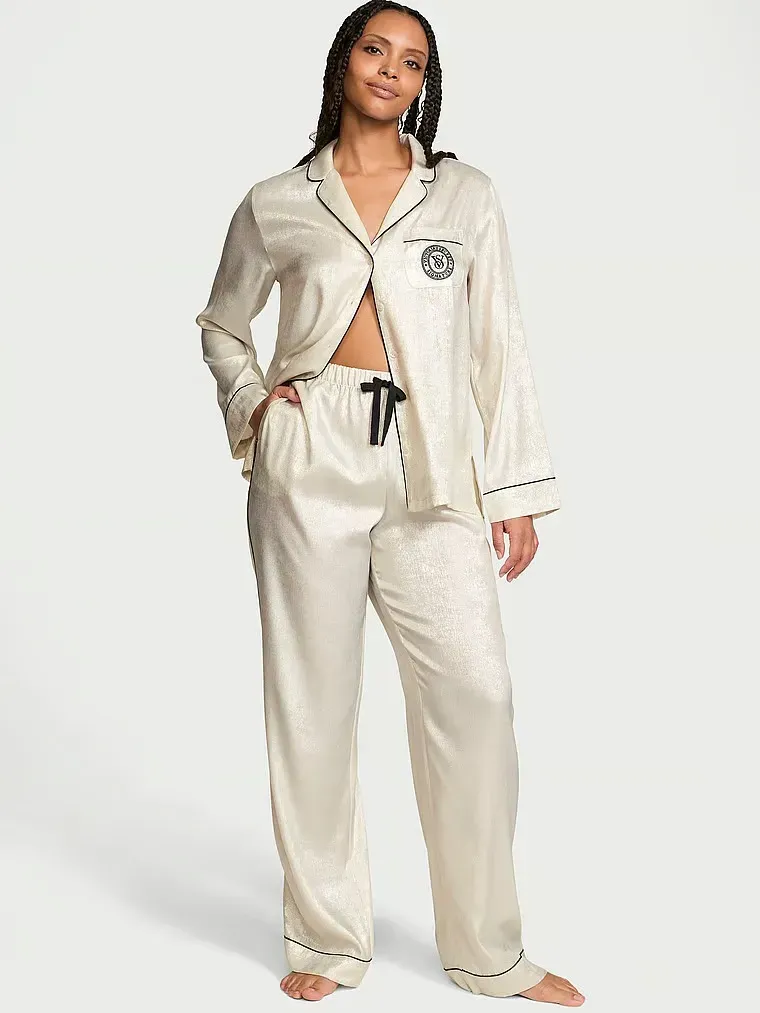 Атласна піжама з штанами Glazed Satin Long PJ Set Victoria's Secret молочна перламутрова розмір XS regular