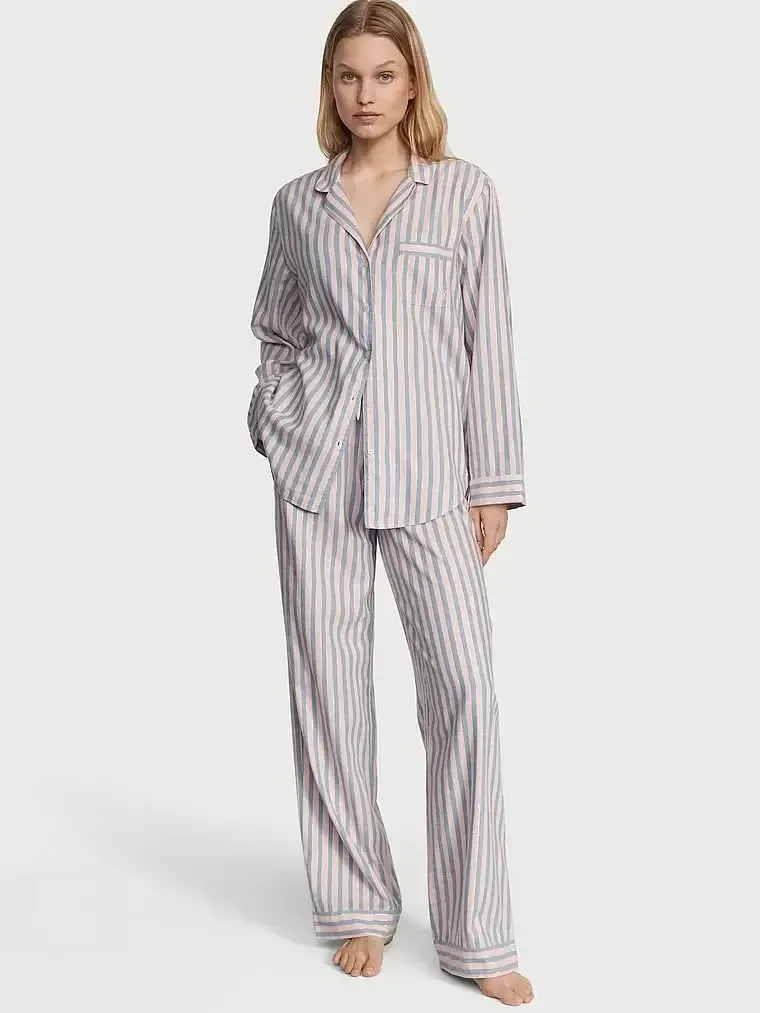 Піжама Victoria's Secret Flannel Long Pajama Set фланелева (Сорочка штани) рожево-блакитна в смужку S regular