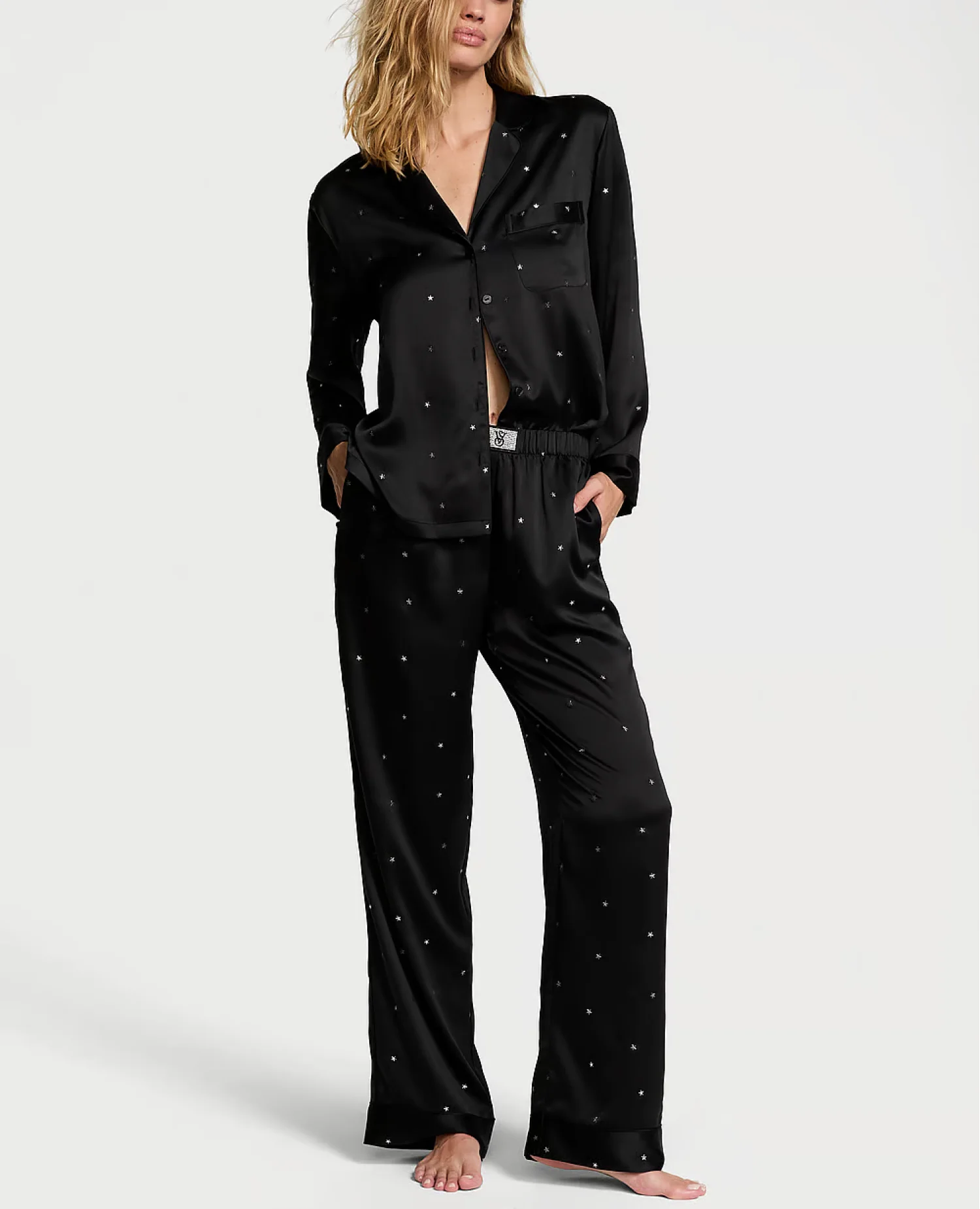 Піжама сатинова чорна Victoria's Secret Glazed Satin Dew Drop Long Pajama Set розмір XL regular