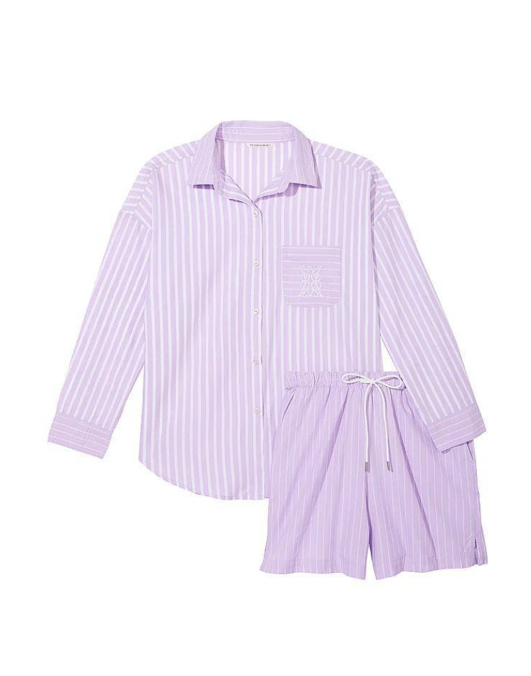Піжама котонова Victoria’s Secret - Cotton Long-Sleeve Shirt & Shorts Set Purple Stripes Size XS