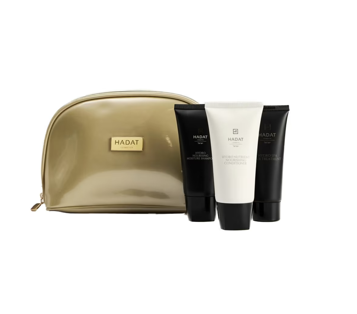 Набір для волосся із золотою косметичкою Hadat Cosmetics Hydro Nourishing Set Зволоження (шампунь 75ml + кондиціонер 75ml + маска 75ml)