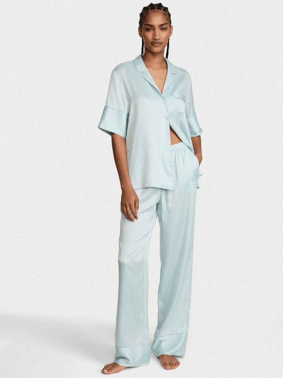 Піжама блакитна сатинова Victoria's Secret Signature Satin Long Pajama Set Size XL