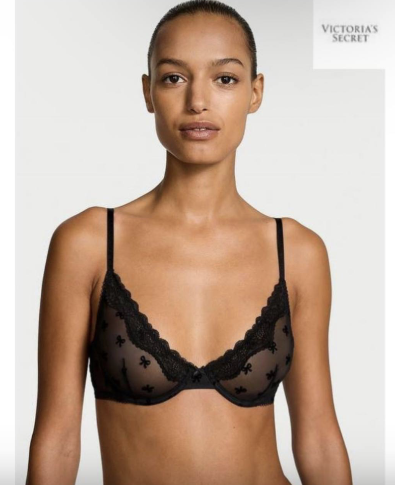 Бюстгальтер чорний з бантиками Victoria’s Secret Tease Unlined Bow Embroidery Demi Bra Size 32B