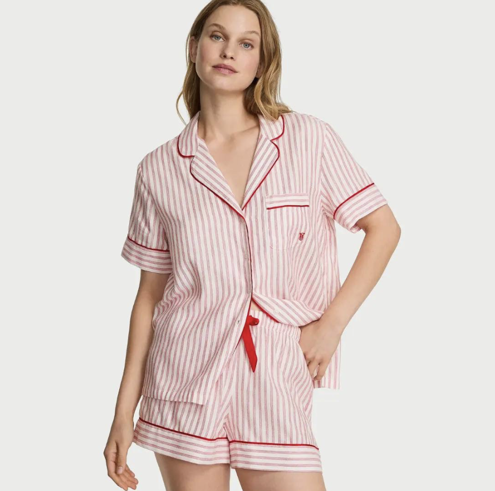 Піжама в червону полоску фланелева з шортами Victoria’s Secret White Red Stripes Size L