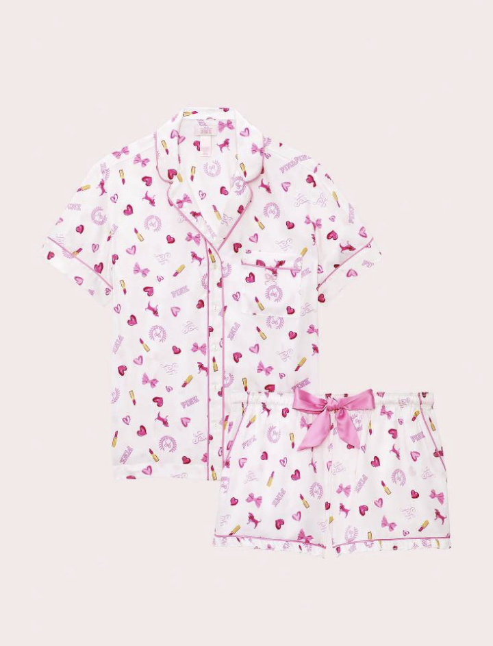 Сатинова піжама PINK x LoveShackFancy Satin Short Pajama Set - колір VS White Bisous Size XL
