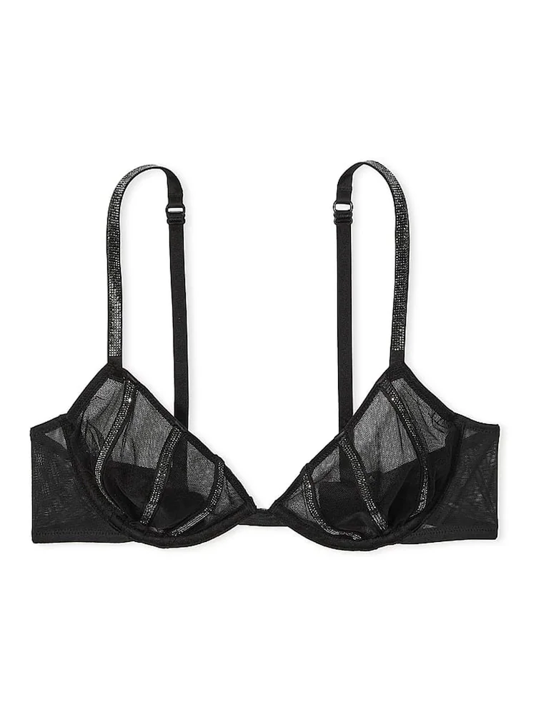 Бюстгальтер чорний зі стразами Victoria’s Secret Sheer Shine Low-Cut Demi Bra Black Size 34D