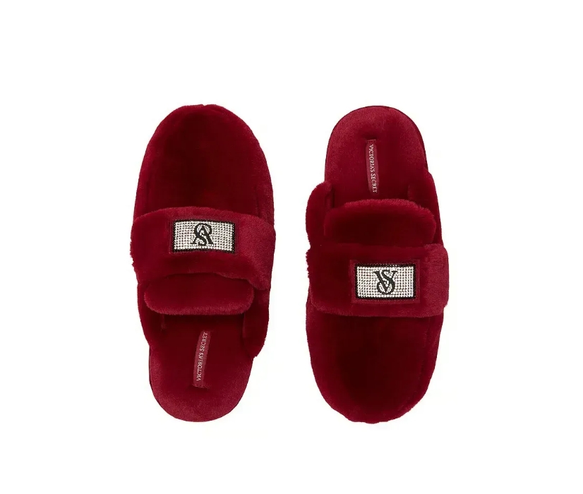 Кімнатні домашні тапочки бордові зі стразами Victoria's Secret Bling Strap Slipper Black Bling Size M