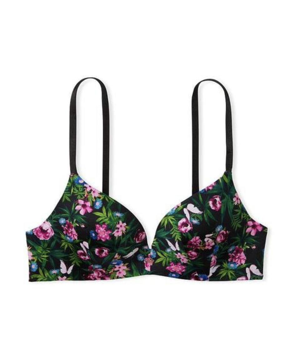 Бюстгальтер чорний з квітами Victoria’s Secret So Obsessed Wire-Free Push-Up Bra Size 34DDD