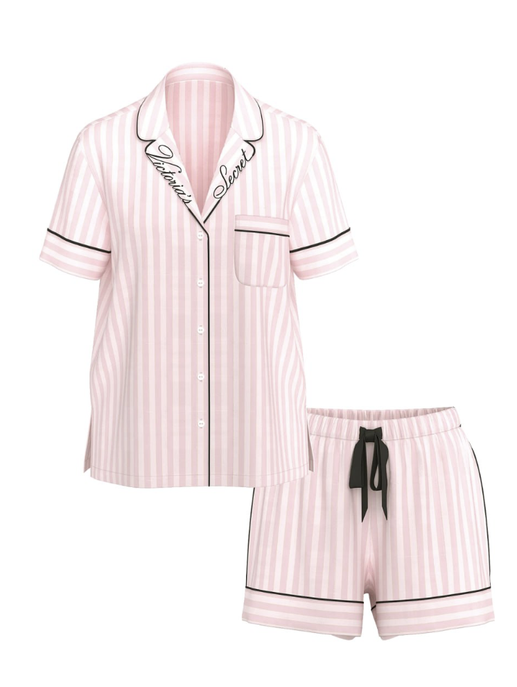 Піжама сатинова рожева в смужку і логотипом на комірі з шортами Victoria's Secret Glazed Satin Short Pajama Set Pink Stripe Size XS