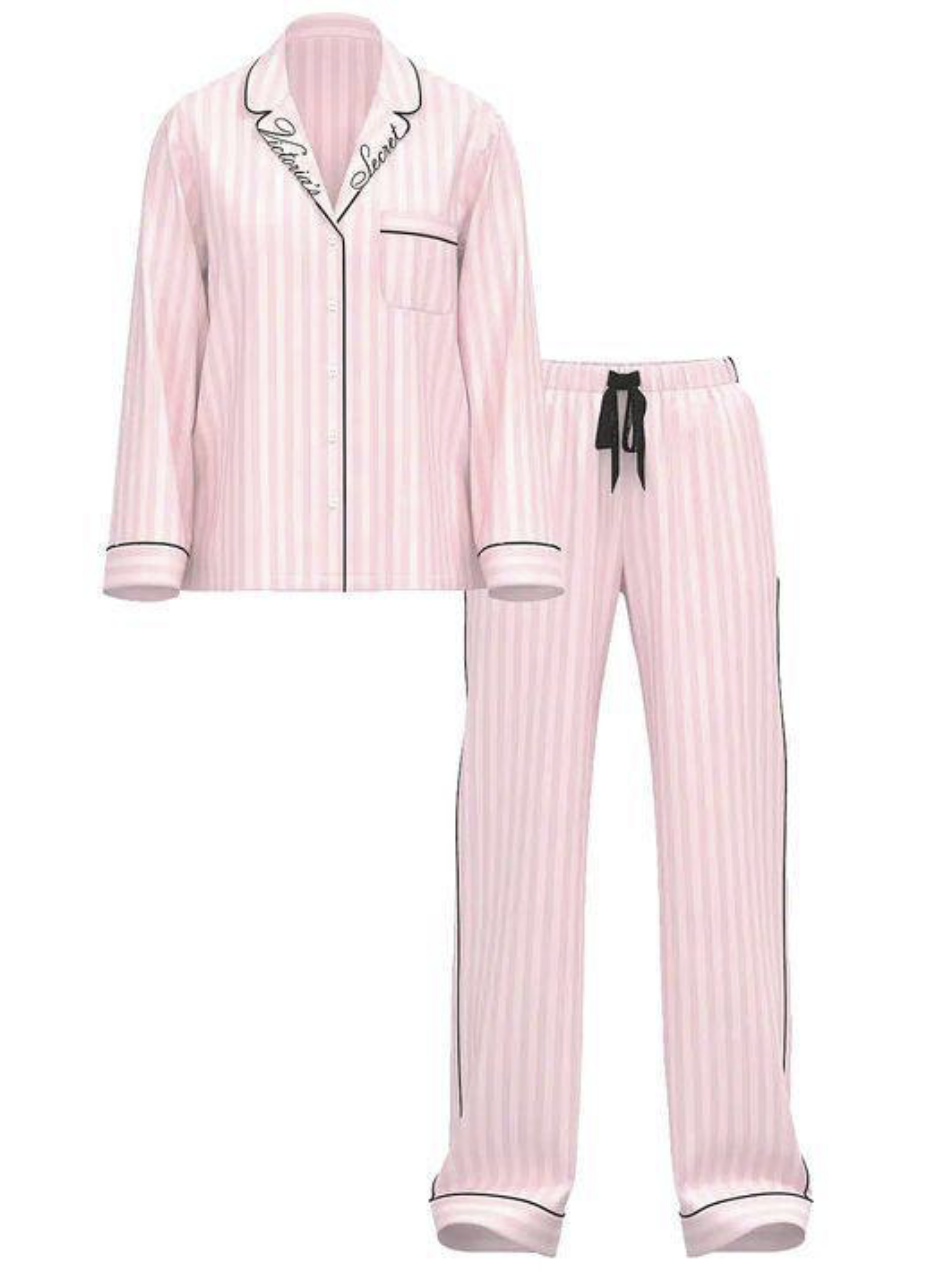 Піжама сатинова рожева в смужку і логотипом на комірі зі штанами Victoria's Secret Satin Long Pajama Set Size S Regular