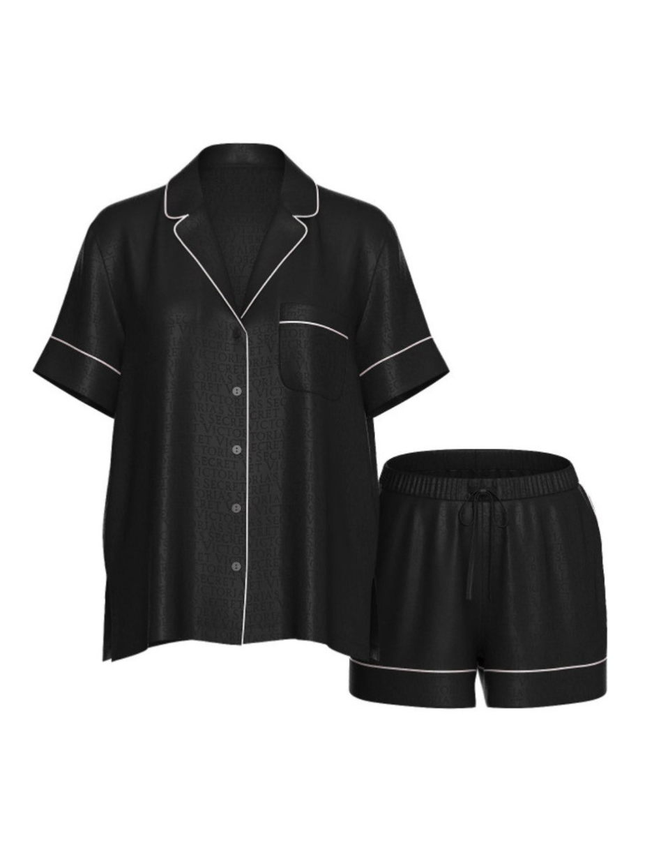 Піжама чорна сатинова з принтом лого з шортами Victoria's Secret Signature Satin Short Pajama Set Size S