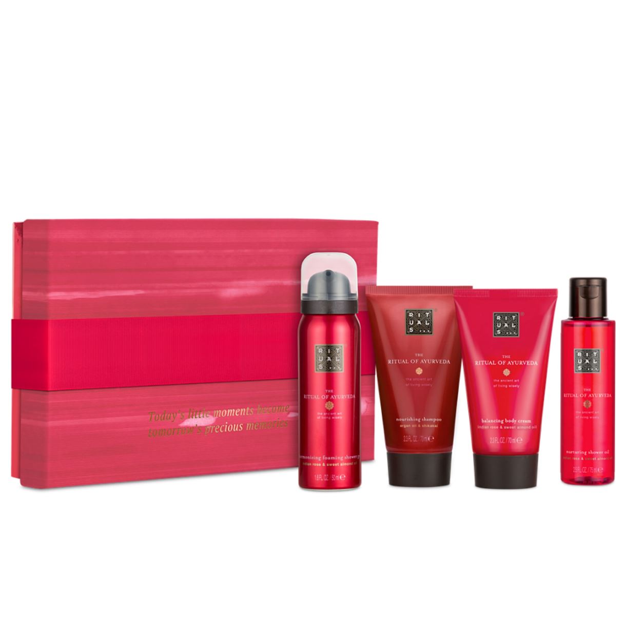 Подарунковий набір Rituals - The Ritual of Ayurveda Rebalancing Treat (шампунь, 70 мл + крем для тіла, 70 мл + гель для душу, 50 мл + олія для душу, 75 мл)