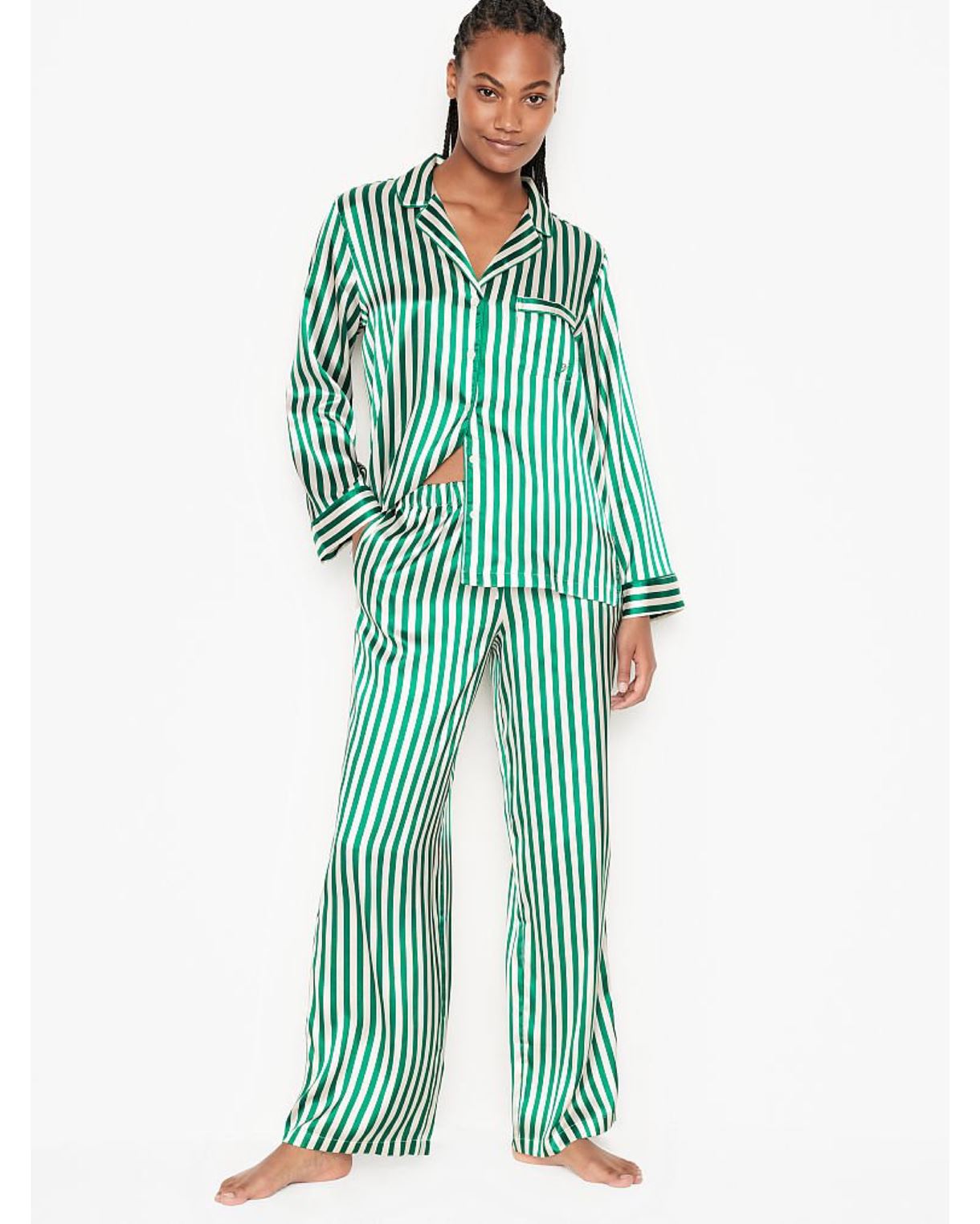 Сатинова піжама VICTORIA’S SECRET THE SATIN LONG PJ SET Rainforest Green Stripe зелена смужка M