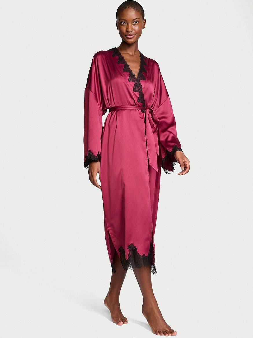 Сатиновий халат Victoria's Secret Satin & Rose Lace Open-Back Long Robe бордовий розмір Xs/S