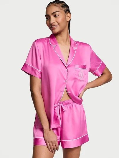 Атласна піжама з шортами Glazed Satin Short Pajama Set Victoria's Secret рожева M