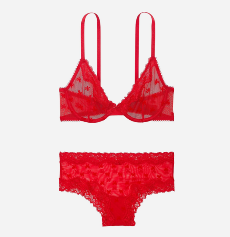 Бюстгальтер червоний з бантиками Victoria's Secret - Tease Unlined Demi Bra & Panty Lipstick Size 34D