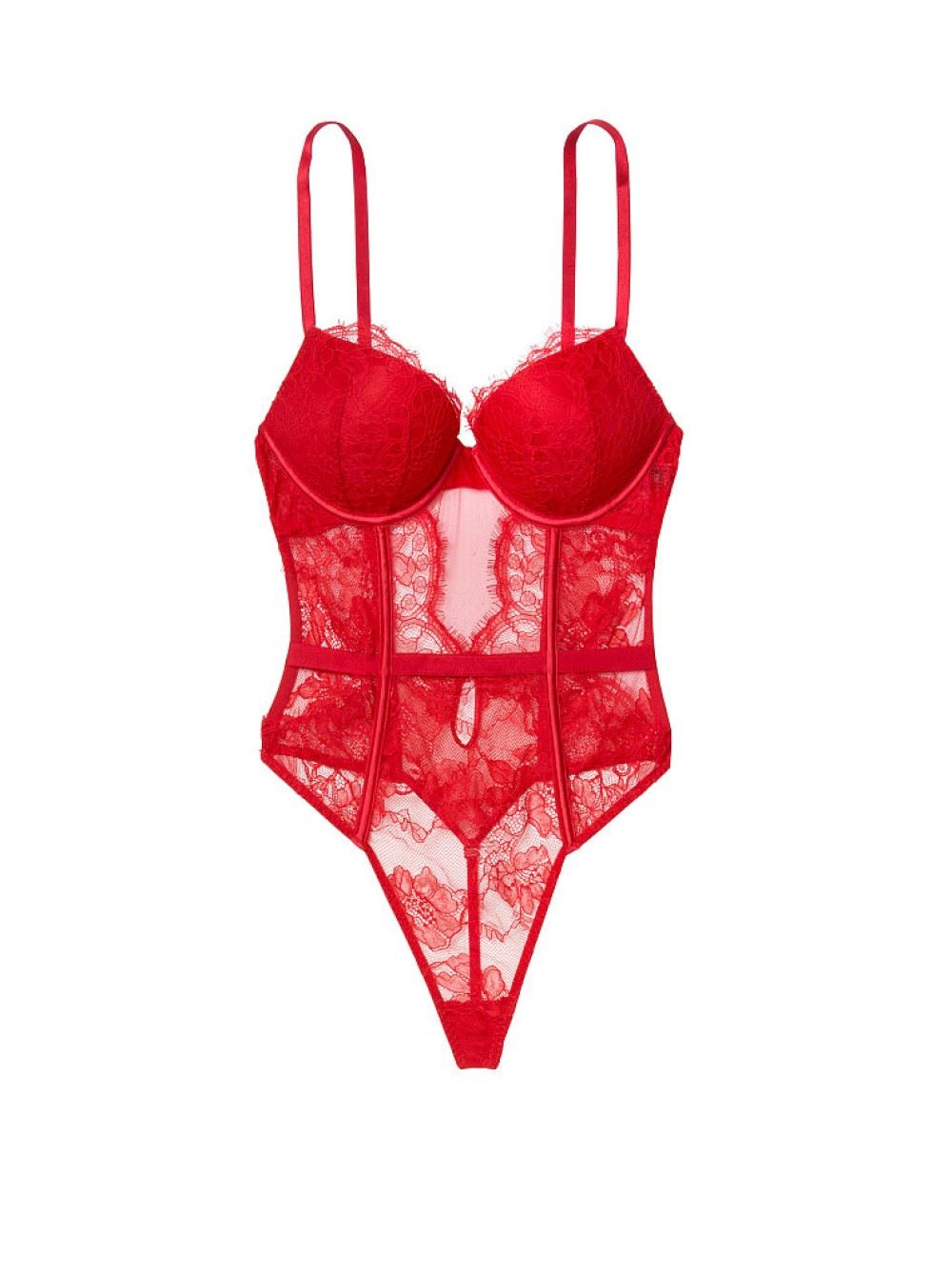 Червоне мереживне боді з подвійним пуш-ап Вікторія Сікрет Bombshell Add-2-cups Lace Teddy L