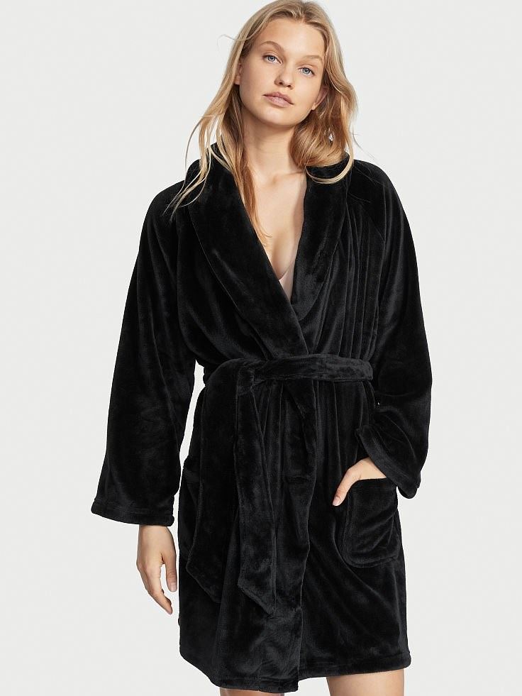 Плюшевий чорний халат Victoria’s Secret Cozy Robe Black розмір M/L