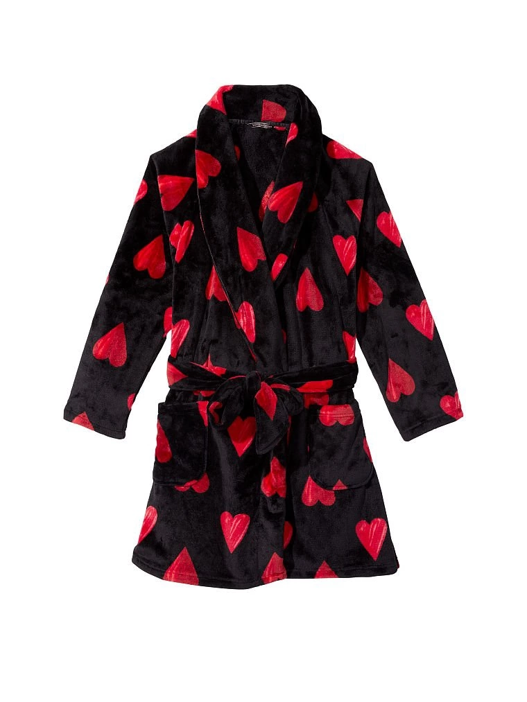 ХАЛАТ теплий махровий чорний з серцями VICTORIA’S SECRET LOGO SHORT COZY ROBE RED HEARTS розмір Xs/S