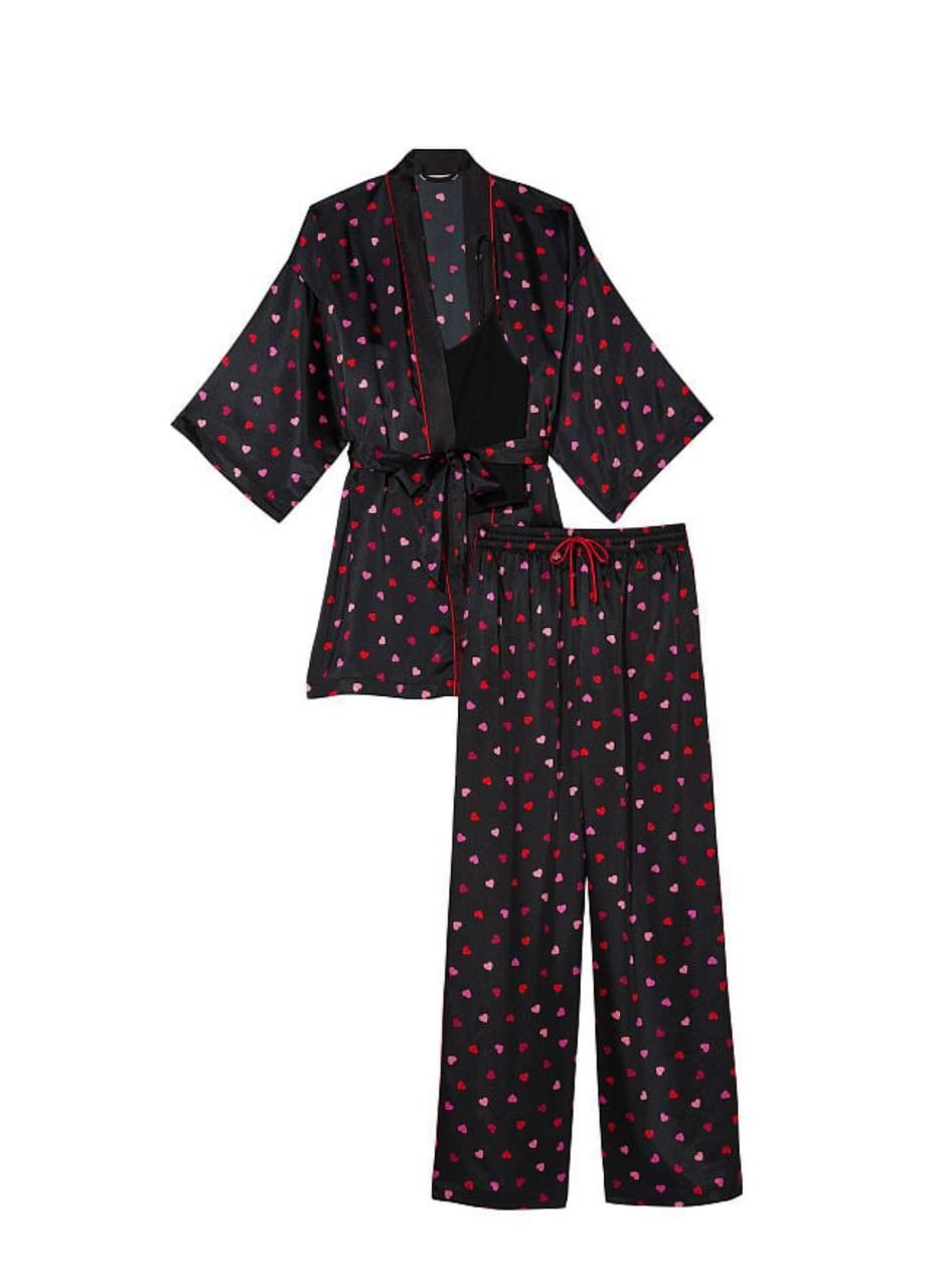 Сатинова піжама тріо VICTORIA'S SECRET 3-Piece Satin Pajama Set (BLACK GROUNDED HEARTS) Xs/S