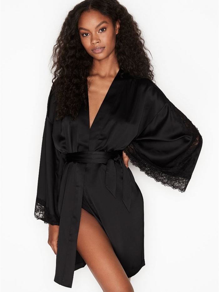 Халат Victoria's Secret Lace Inset Robe з мереживними вставками, Black Xs/S