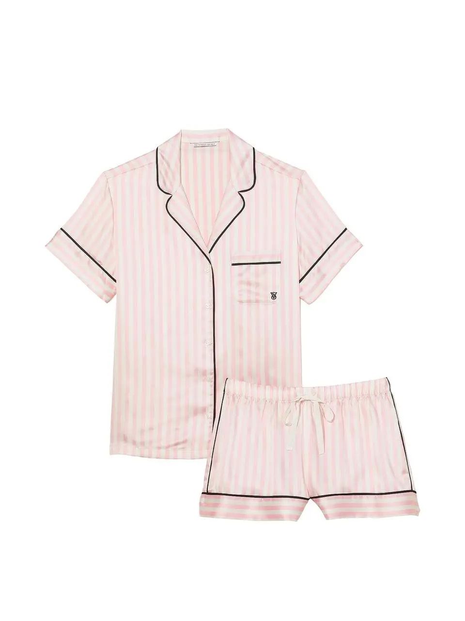 Сатинова піжама з шортами Victoria's Secret Satin Short PJ Set, Рожева в смужку розмір Xs