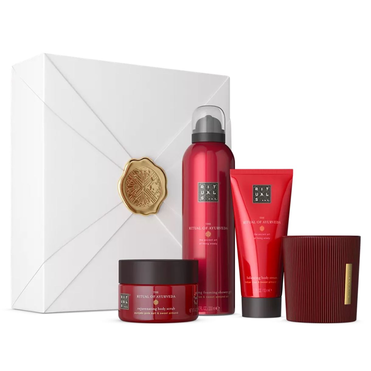 Подарунковий набір Rituals - The Ritual Of Ayurveda Rebalancing Routine Size M (скраб для тіла 125g / Піна для душу 100ml / крем для тіла 100ml / ароматична свічка 140g)