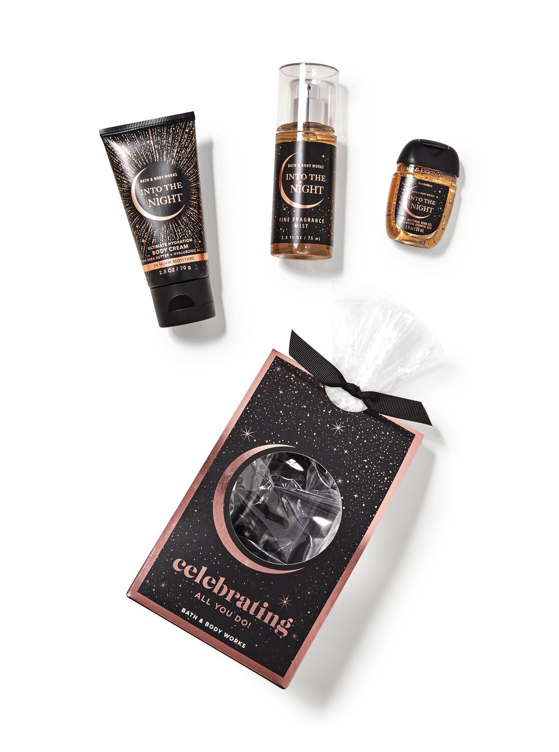Подарунковий набір Bath and body works - INTO THE NIGHT Mini Gift Box Set (парфумований спрей для тіла (75 мл), крем для тіла (70 мл), санітайзер (29 мл)