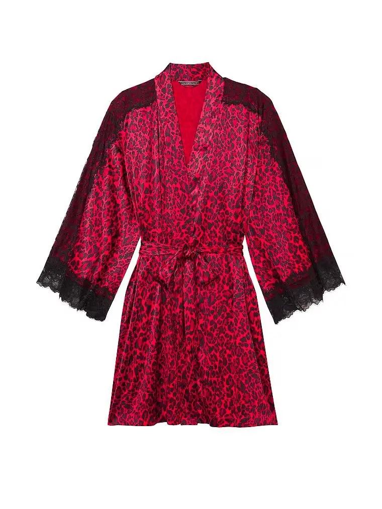 Сатиновий халат червоний леопард Lace Inset Robe Victoria’s Secret розмір M/L