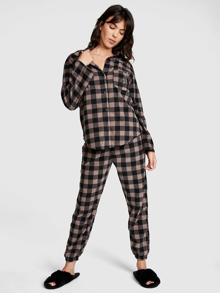 ПІЖАМА флісова VICTORIA'S SECRET PINK Polar Fleece Jogger Pajama Set Color: Darker Iced Coffee Plaid розмір M