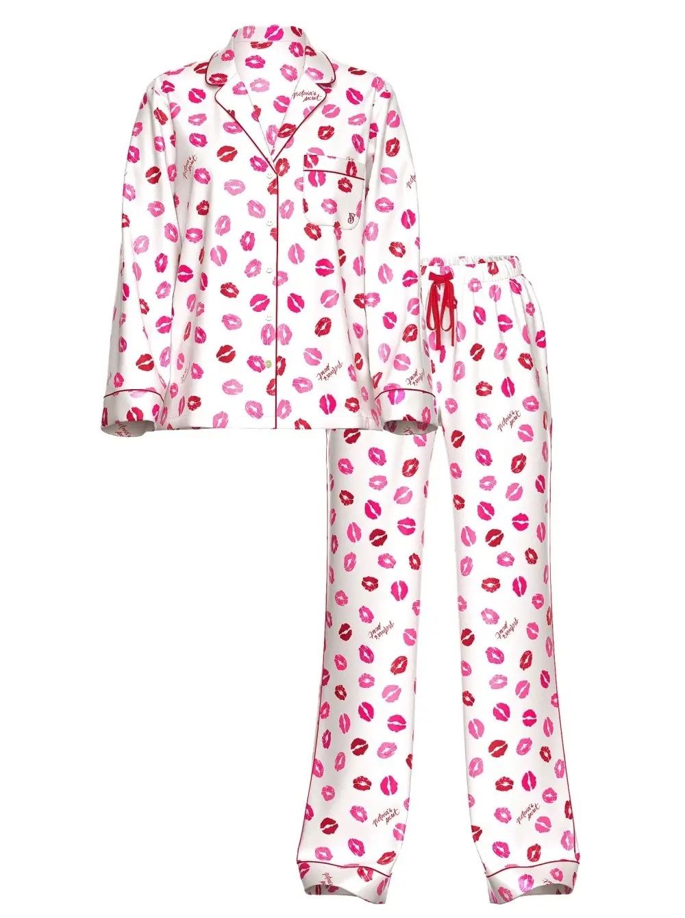 Піжама Victoria's Secret Glazed Satin Long Pajama Set Coconut White & Lipstick Kisses розмір L regular