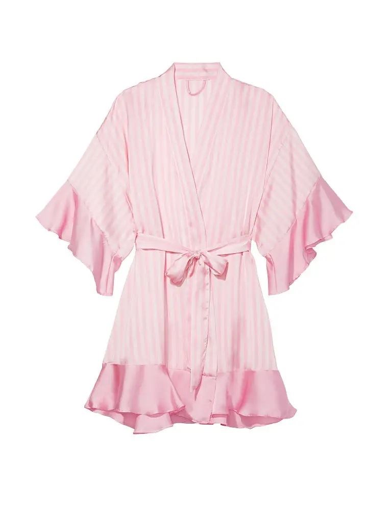 Атласний халат Georgette Flounce Robe Iconic Stripe Victoria’s Secret в рожеву смужку