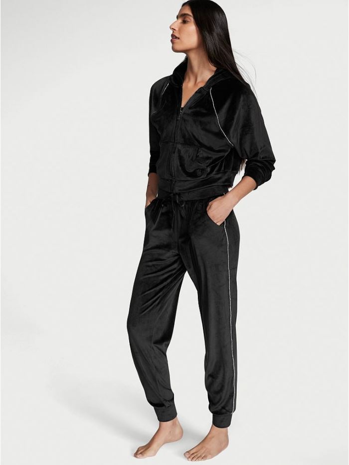 ВЕЛЮРОВИЙ СПОРТИВНИЙ КОСТЮМ VICTORIA'S SECRET VELOUR FRONT-ZIP HOODIE & VELOUR JOGGER, ЧОРНИЙ З КАМІНЦЯМИ