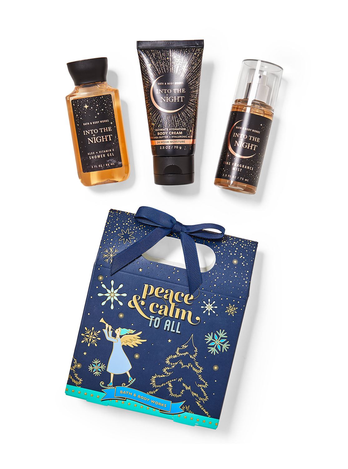 Подарунковий набір Bath and body works - INTO THE NIGHT (peace and calm to all) Mini Gift Box Set (парфумований спрей для тіла (75 мл), крем для тіла (70 мл), гель для душу (88 мл)