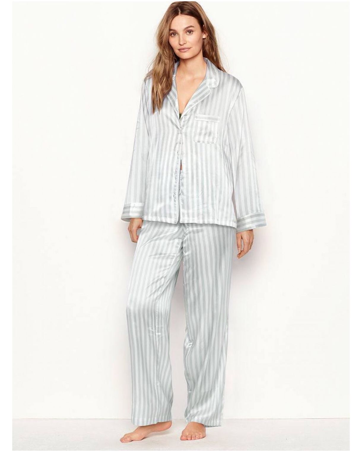 Сатинова піжама VICTORIA’S SECRET THE SATIN LONG PJ SET BLUE STRIPE блакитна смужка розмір S